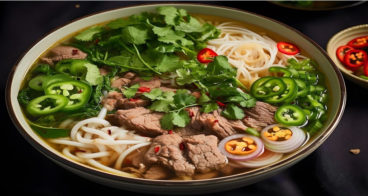 Soupe pho vietnamienne aux nouilles et herbes fraîches